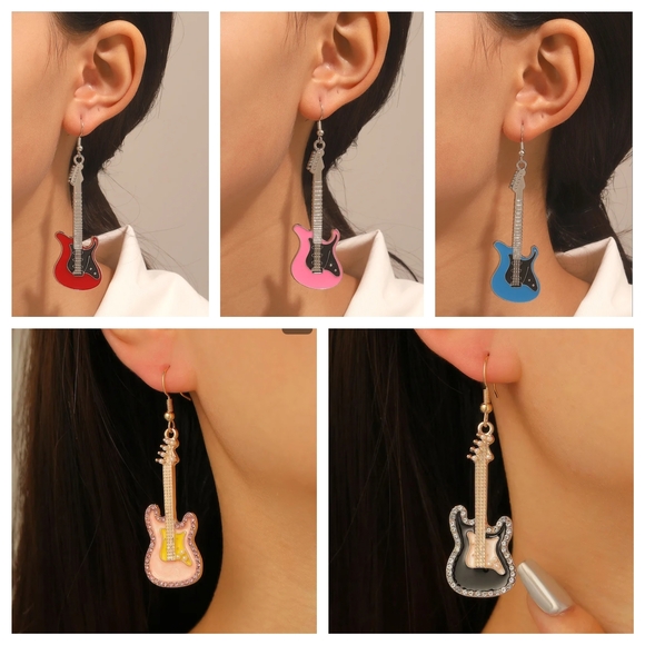 Guitar Earrings Pink Gold Rhinestones - Picture 8 of 10